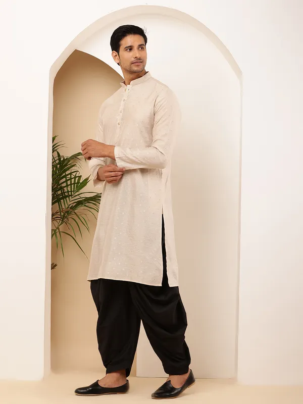 Men's_Cream_Viscose_Blend_Kurta_with_Festive_Finish_and_Straight_Cut_and_Black_Cotton_Dhoti