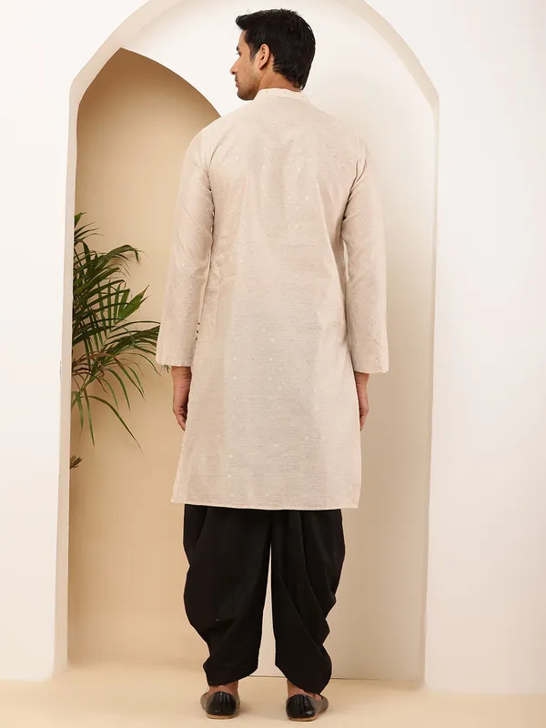 Men's_Cream_Viscose_Blend_Kurta_with_Festive_Finish_and_Straight_Cut_and_Black_Cotton_Dhoti