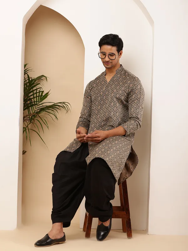 Men_Grey_Weaving_Design_Straight_Kurta_with_Black_Dhoti_Pants_Set