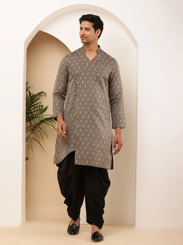 Men_Grey_Weaving_Design_Straight_Kurta_with_Black_Dhoti_Pants_Set