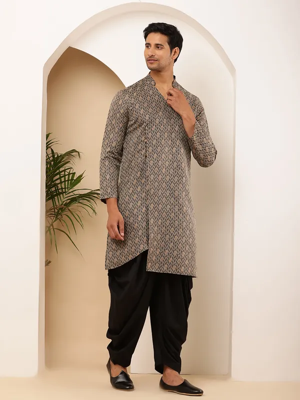 Men_Grey_Weaving_Design_Straight_Kurta_with_Black_Dhoti_Pants_Set