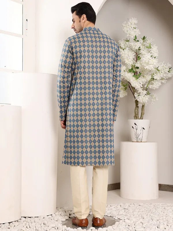 Men's_Elegant_Printed_Blue_and_Cream_Straight_Cotton_Kurta_,Cream_solid_trouser_style_churidar