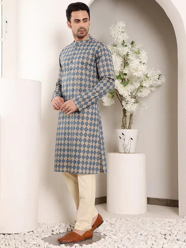Men's_Elegant_Printed_Blue_and_Cream_Straight_Cotton_Kurta_,Cream_solid_trouser_style_churidar