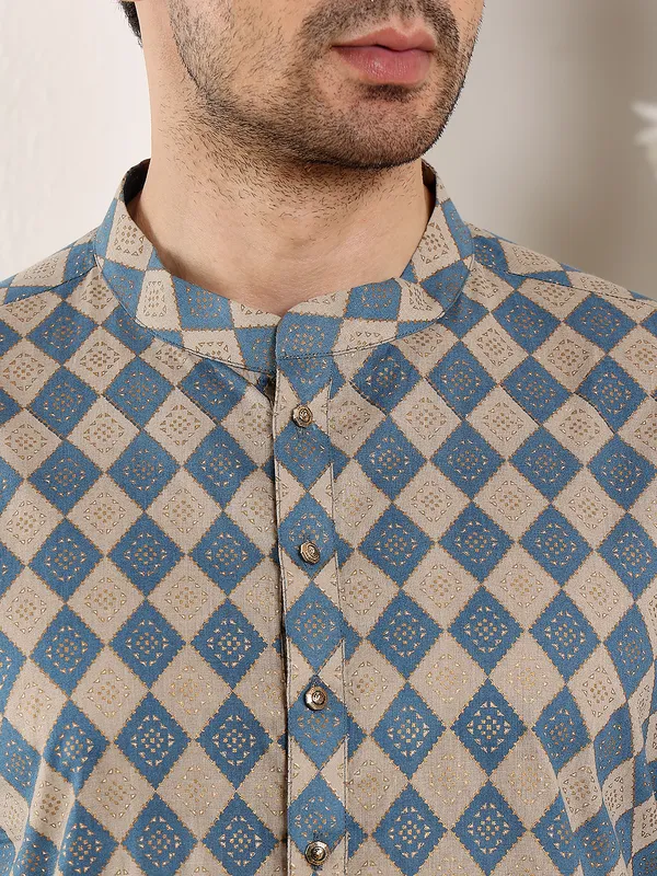 Men's_Elegant_Printed_Blue_and_Cream_Straight_Cotton_Kurta_,Cream_solid_trouser_style_churidar