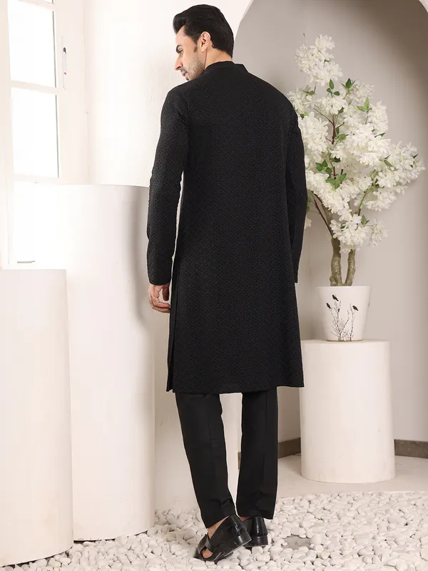 Men's_Straight_Classic_Black_Rayon_Silk_Chikankari_Kurta_,Black_solid_trouser_style_churidar