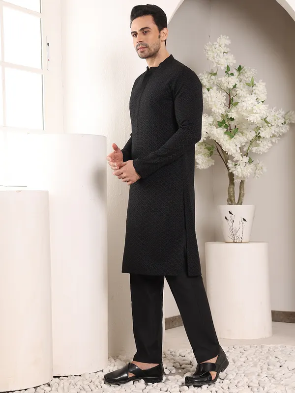 Men's_Straight_Classic_Black_Rayon_Silk_Chikankari_Kurta_,Black_solid_trouser_style_churidar