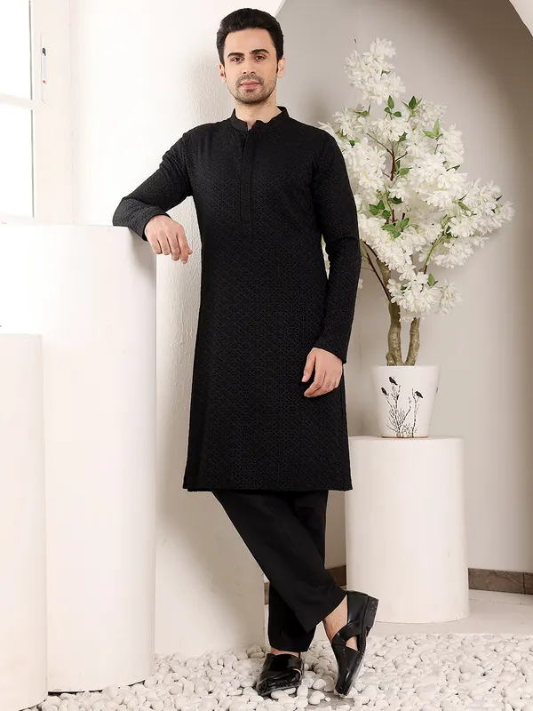 Men's_Straight_Classic_Black_Rayon_Silk_Chikankari_Kurta_,Black_solid_trouser_style_churidar