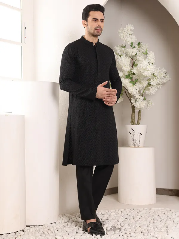Men's_Straight_Classic_Black_Rayon_Silk_Chikankari_Kurta_,Black_solid_trouser_style_churidar