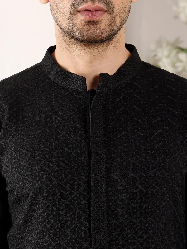 Men's_Straight_Classic_Black_Rayon_Silk_Chikankari_Kurta_,Black_solid_trouser_style_churidar