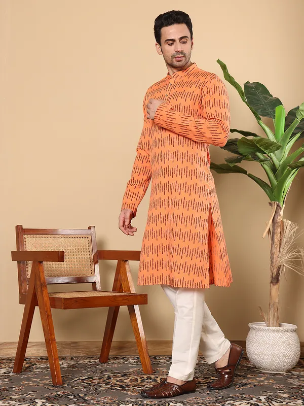 Men's_Orange_Straight_Cotton_Printed_Kurta,Cream_solid_trouser_style_churidar