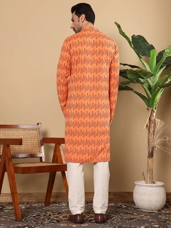 Men's_Orange_Straight_Cotton_Printed_Kurta,Cream_solid_trouser_style_churidar