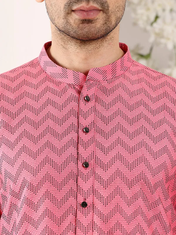 Men's_Pink_Straight_Cotton_Printed_Kurta,Black_solid_trouser_style_churidar