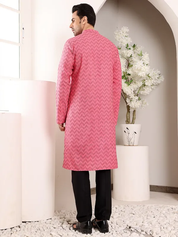 Men's_Pink_Straight_Cotton_Printed_Kurta,Black_solid_trouser_style_churidar