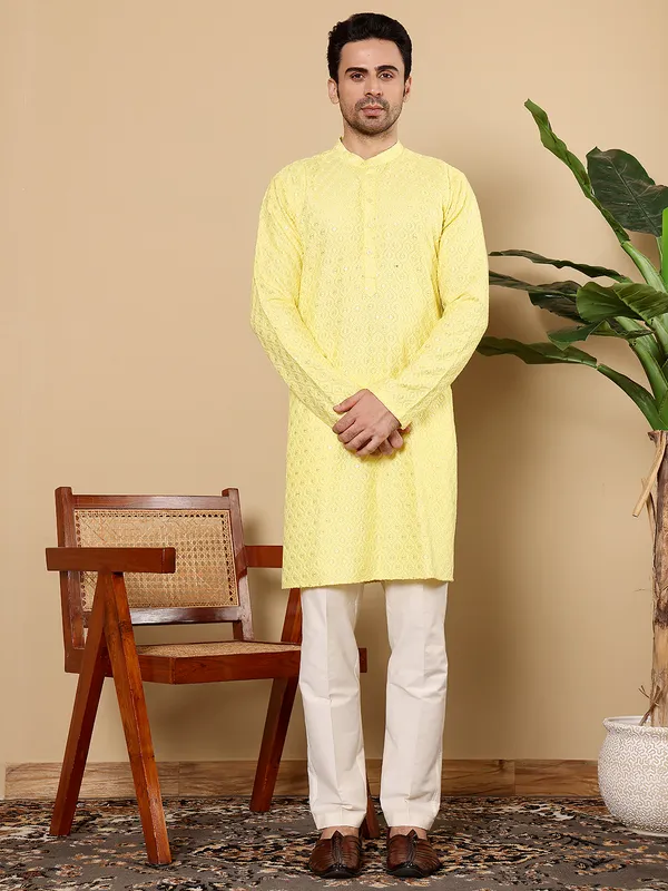 Men's_Rayon_Silk_Straight_Classic_Yellow_Chikankari_Kurta,Off_White_solid_trouser_style_churidar