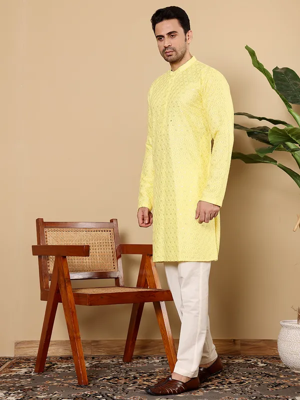 Men's_Rayon_Silk_Straight_Classic_Yellow_Chikankari_Kurta,Off_White_solid_trouser_style_churidar
