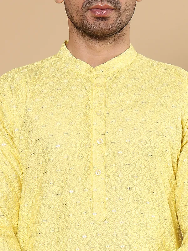Men's_Rayon_Silk_Straight_Classic_Yellow_Chikankari_Kurta,Off_White_solid_trouser_style_churidar
