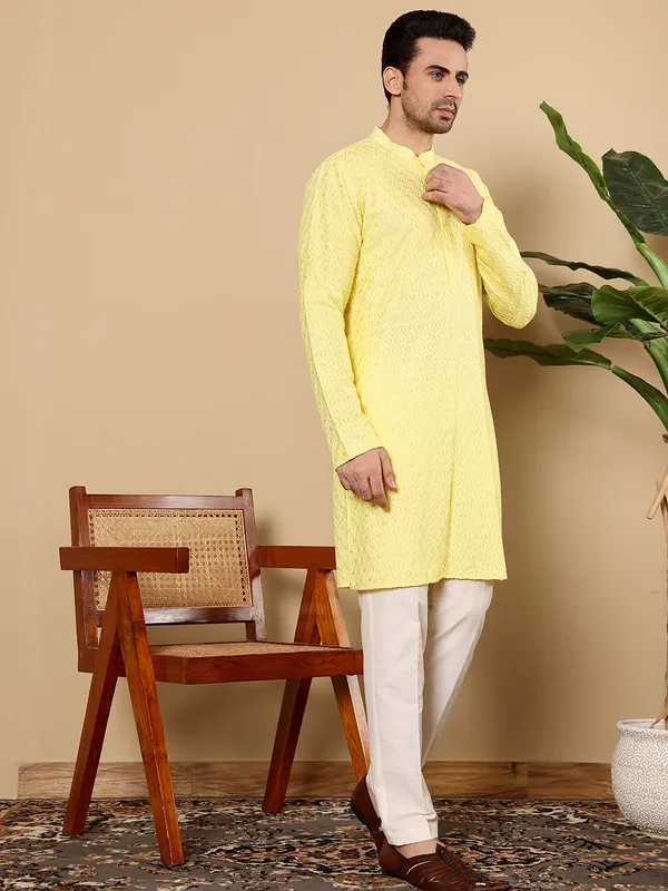Men's_Rayon_Silk_Straight_Classic_Yellow_Chikankari_Kurta,Off_White_solid_trouser_style_churidar