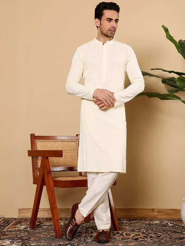 Men's_Rayon_Silk_Straight_Classic_White_Chikankari_Kurta,Off_White_solid_trouser_style_churidar