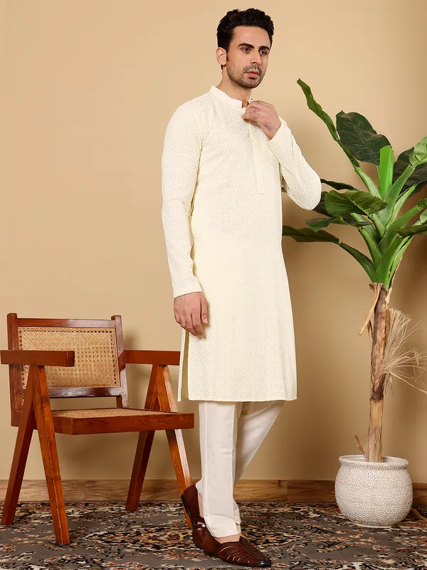 Men's_Rayon_Silk_Straight_Classic_White_Chikankari_Kurta,Off_White_solid_trouser_style_churidar