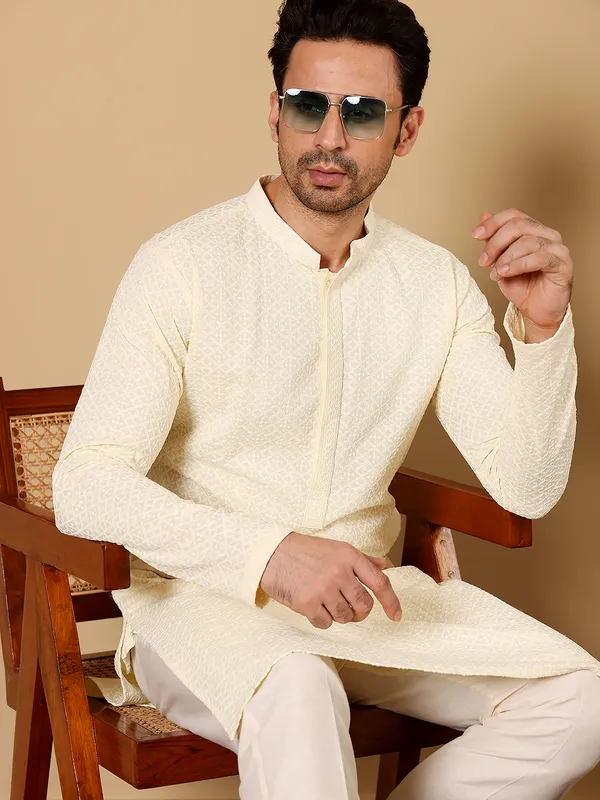 Men's_Rayon_Silk_Straight_Classic_White_Chikankari_Kurta,Off_White_solid_trouser_style_churidar