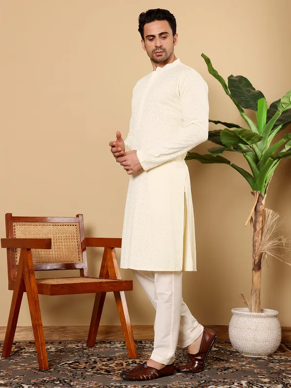 Men's_Rayon_Silk_Straight_Classic_White_Chikankari_Kurta,Off_White_solid_trouser_style_churidar