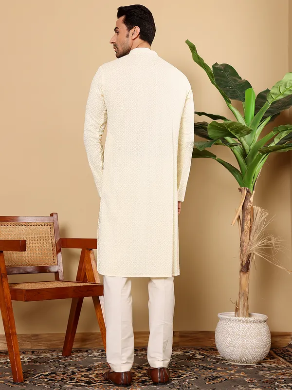 Men's_Rayon_Silk_Straight_Classic_White_Chikankari_Kurta,Off_White_solid_trouser_style_churidar