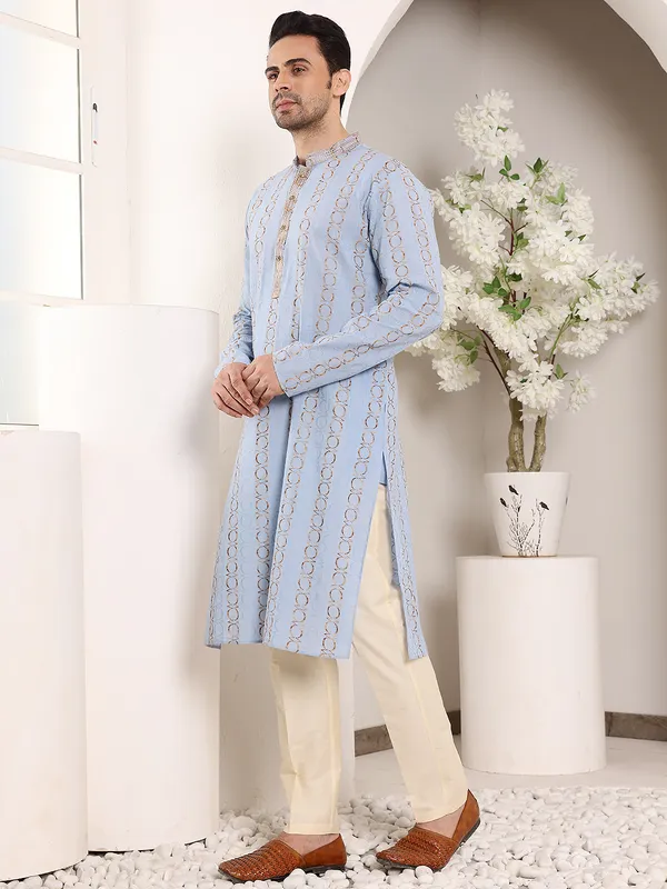 Men's_Elegant_Printed_Blue_Straight_Cotton_Kurta,Cream_solid_trouser_style_churidar