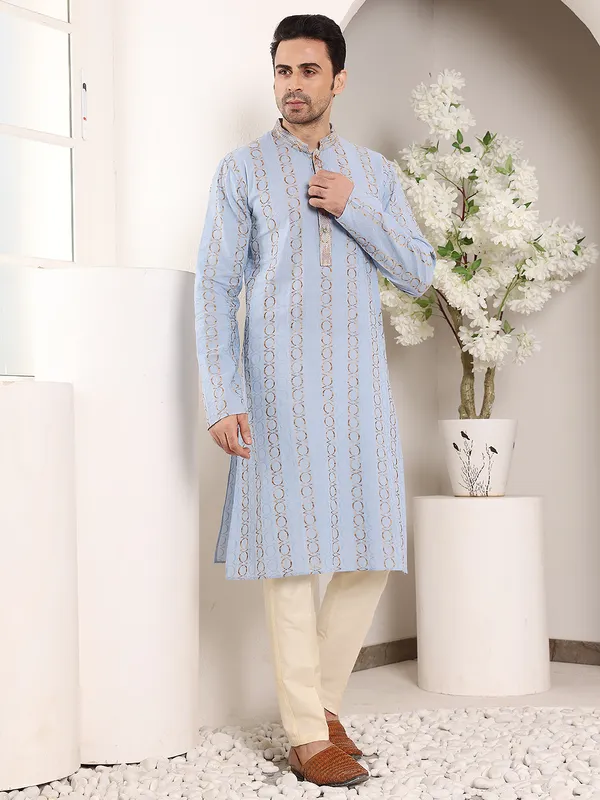 Men's_Elegant_Printed_Blue_Straight_Cotton_Kurta,Cream_solid_trouser_style_churidar