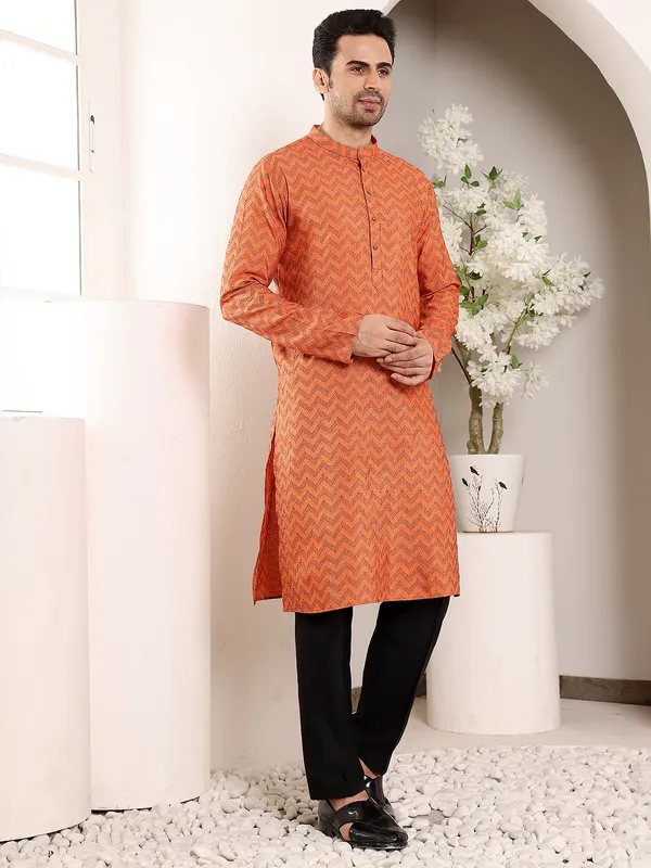 Men's_Elegant_Orange_Straight_Cotton_Kurta_with_Ikkat_Print,Black_solid_trouser_style_churidar