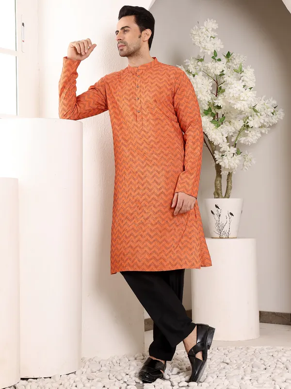 Men's_Elegant_Orange_Straight_Cotton_Kurta_with_Ikkat_Print,Black_solid_trouser_style_churidar