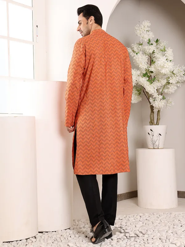 Men's_Elegant_Orange_Straight_Cotton_Kurta_with_Ikkat_Print,Black_solid_trouser_style_churidar