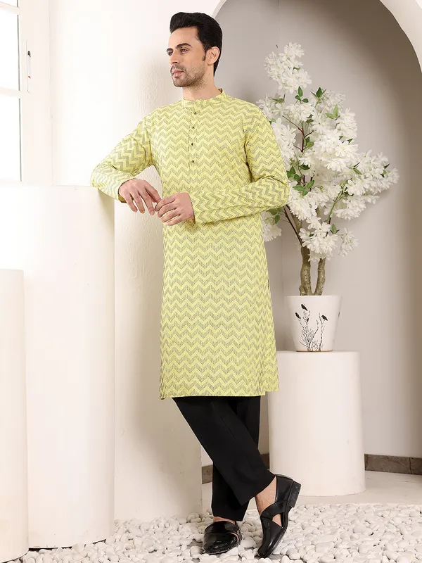 Men's_Elegant_Yellow_Straight_Cotton_Kurta_with_Embroidery,Black_solid_trouser_style_churidar
