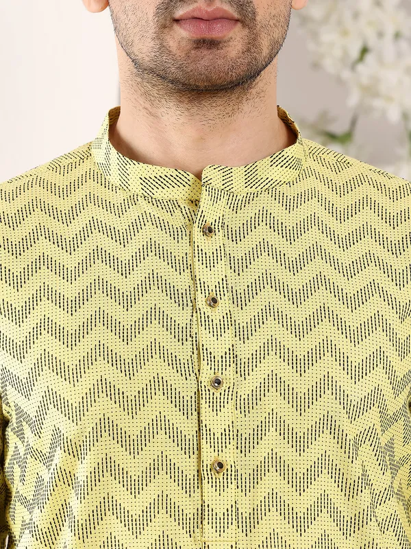 Men's_Elegant_Yellow_Straight_Cotton_Kurta_with_Embroidery,Black_solid_trouser_style_churidar