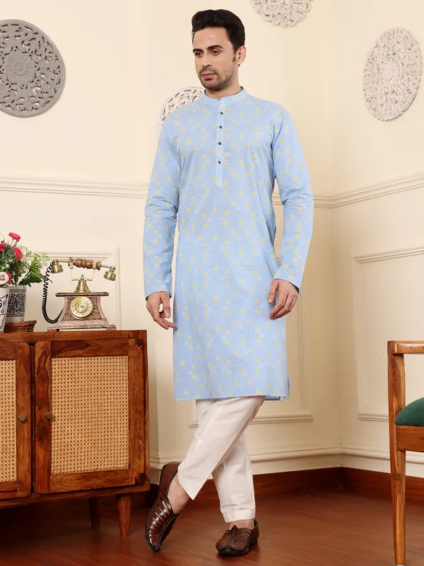 Men's_Elegant_Blue_Printed_Straight_Cotton_kurta,Cream_solid_trouser_style_churidar