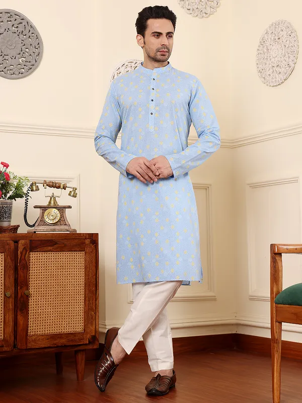 Men's_Elegant_Blue_Printed_Straight_Cotton_kurta,Cream_solid_trouser_style_churidar