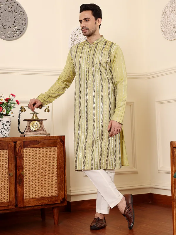 Men's_Ethnic_Straight_Light_Green_Viscose_Silk_Kurta_with_embroidery,Cream_solid_trouser_style_churidar