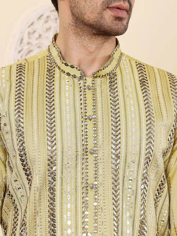 Men's_Ethnic_Straight_Light_Green_Viscose_Silk_Kurta_with_embroidery,Cream_solid_trouser_style_churidar