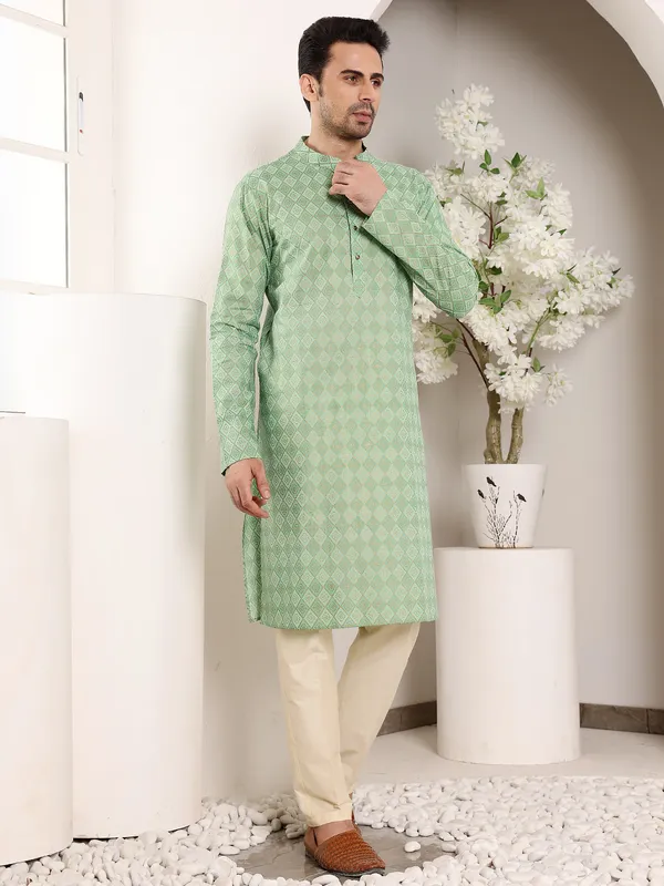 Men's_Elegant_Printed_Sea_Green_Straight_Cotton_Kurta,Cream_solid_trouser_style_churidar