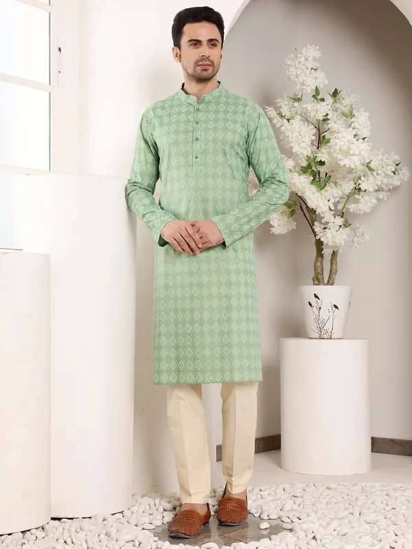 Men's_Elegant_Printed_Sea_Green_Straight_Cotton_Kurta,Cream_solid_trouser_style_churidar