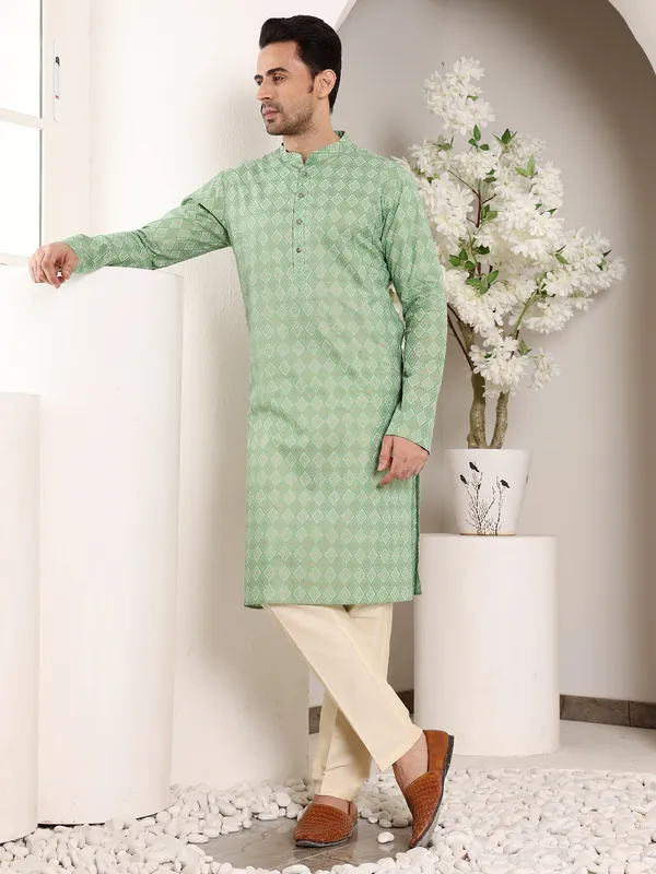 Men's_Elegant_Printed_Sea_Green_Straight_Cotton_Kurta,Cream_solid_trouser_style_churidar