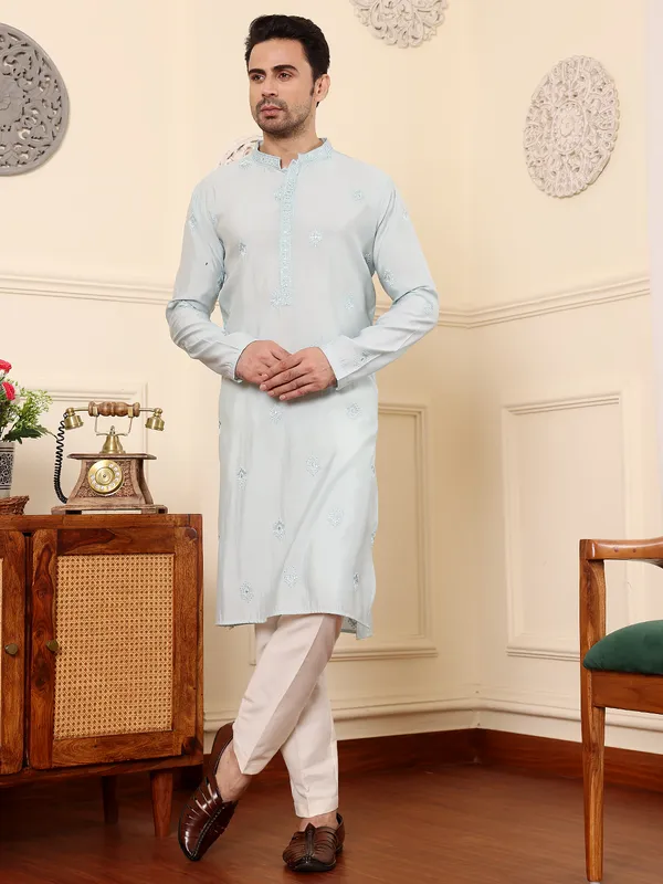 Men's_Light_Blue_Straight_Viscose_Silk_Kurta_with_Embroidered_Neckline_Motifs_and_White_solid_trouser_style_churidar,_has_an_elasticated_waistband