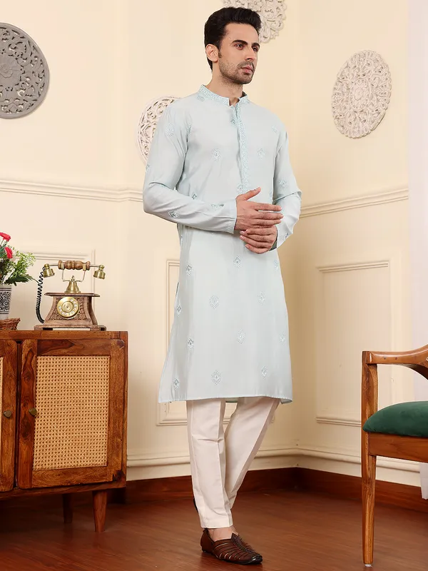 Men's_Light_Blue_Straight_Viscose_Silk_Kurta_with_Embroidered_Neckline_Motifs_and_White_solid_trouser_style_churidar,_has_an_elasticated_waistband