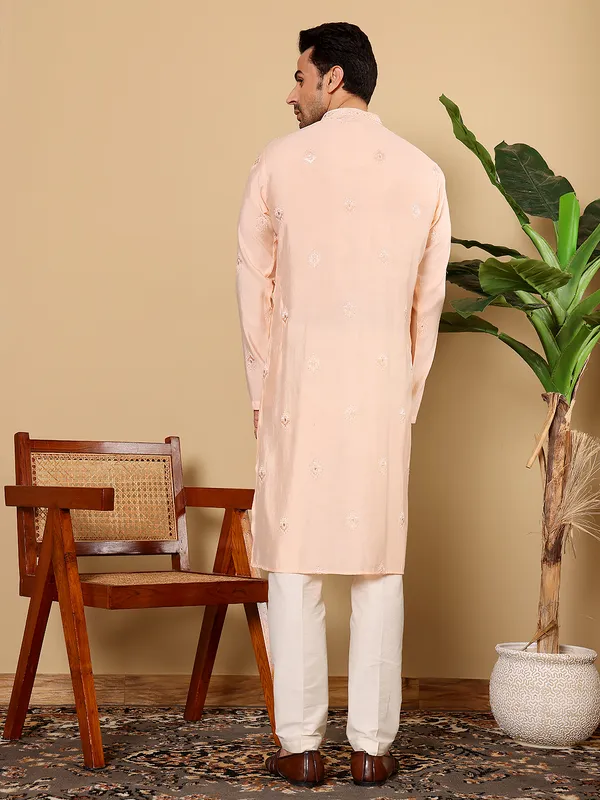 Men's_Cream_Straight_Viscose_Silk_Kurta_with_Embroidered_Neckline_and_Motifs,Cream_solid_trouser_style_churidar