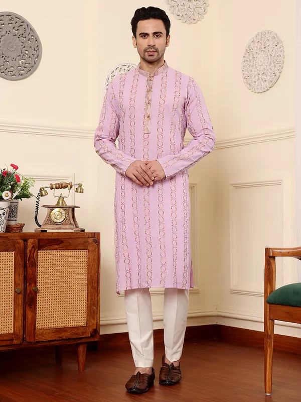 Men's_Elegant_Pink_Printed_Straight_Cotton_kurta,Cream_solid_trouser_style_churidar