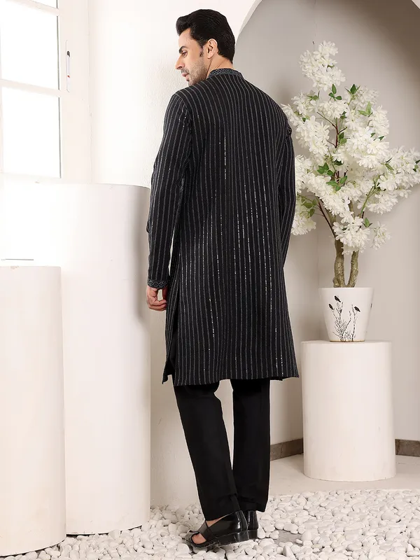 Men's_Black_Straight_Viscose_Silk_Kurta_with_Embroidered_Neckline_and_Motifs,Cream_solid_trouser_style_churidar
