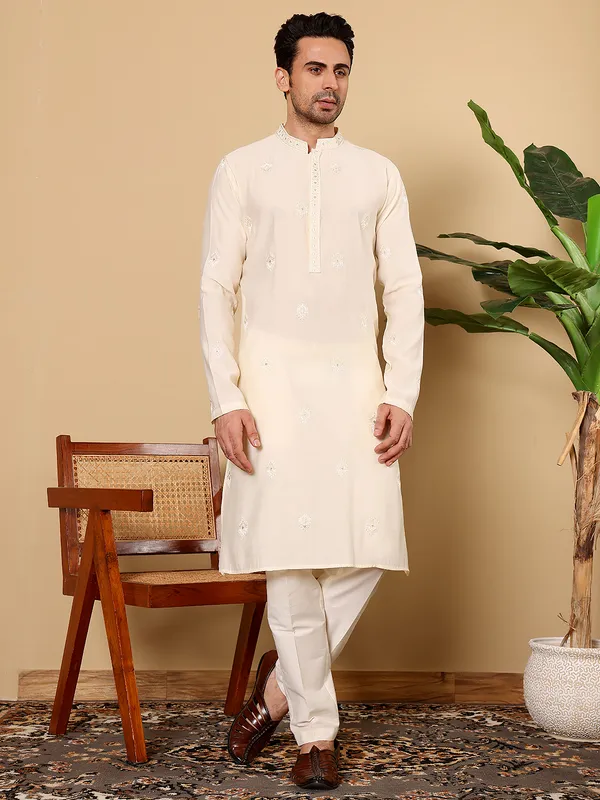 Men's_Cream_Straight_Viscose_Silk_Kurta_with_Embroidered_Neckline_and_Motifs,Cream_solid_trouser_style_churidar