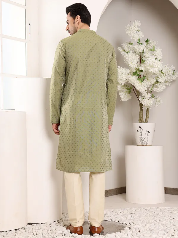 Men's_Green_Straight_Viscose_Silk_kurta_with_Textured_Effect,Cream_solid_trouser_style_churidar