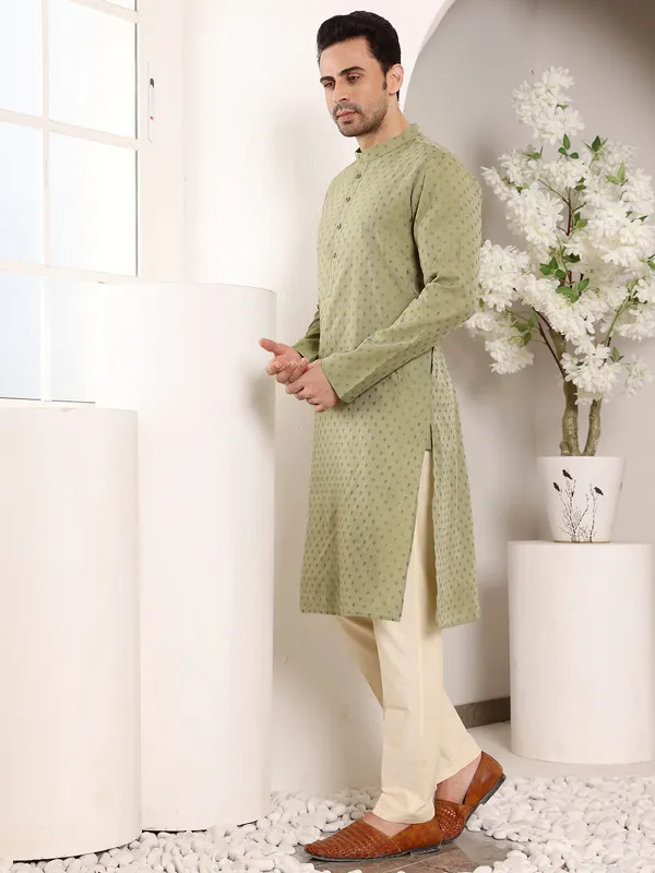 Men's_Green_Straight_Viscose_Silk_kurta_with_Textured_Effect,Cream_solid_trouser_style_churidar