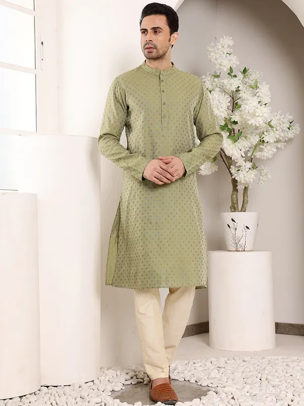 Men's_Green_Straight_Viscose_Silk_kurta_with_Textured_Effect,Cream_solid_trouser_style_churidar