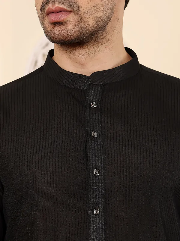 Men's_Black_Straight_Viscose_Silk_kurta_with_Textured_Effect,Cream_solid_trouser_style_churidar